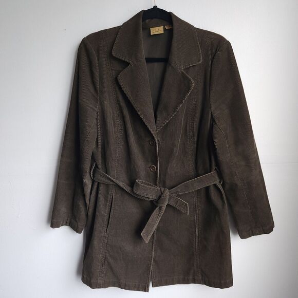 Caslon Vintage Corduroy Jacket Olive Green Belted 100% Cotton Petite Large - Picture 1 of 10